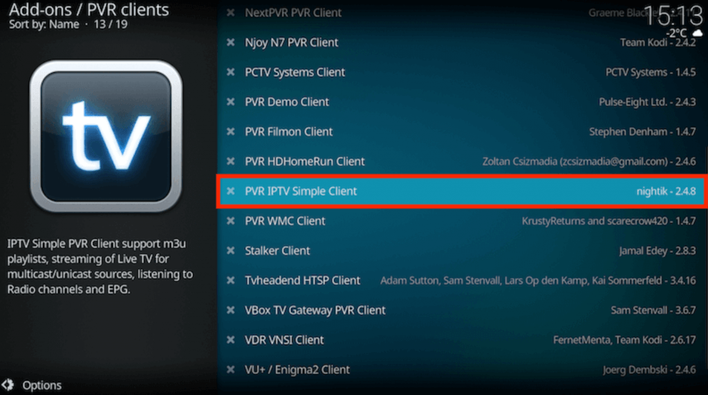 Select PVR IPTV Simple Client to stream Guek IPTV