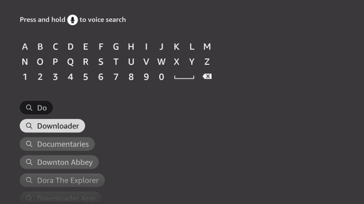 search for the Downloader app using the on-screen keyboard