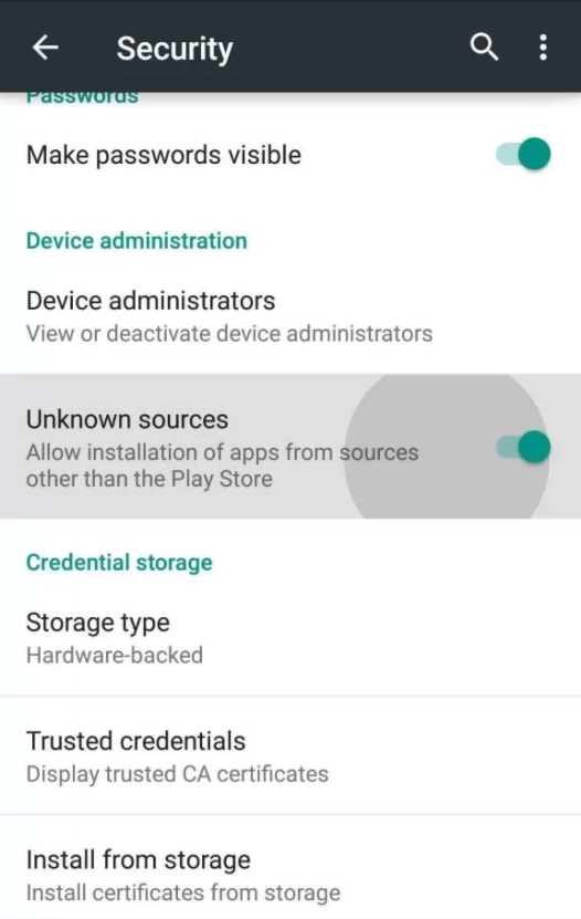 Enable the Unknown Sources option