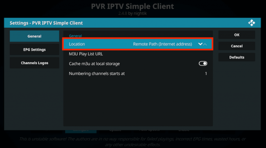 Select Remote Path(Internet address) to stream Lex IPTV