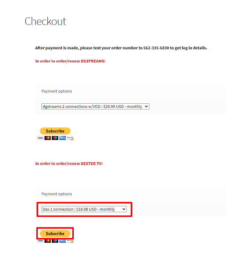 Click on the Subscribe button in the Dexter IPTV Checkout section