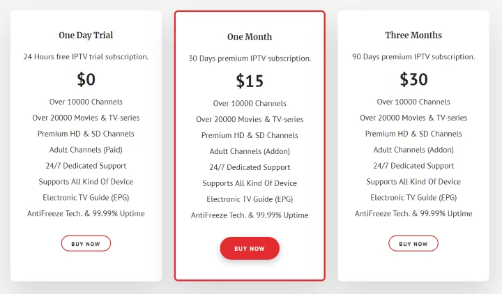 Select the Buy Now button next to the IPTV Tune plan you want