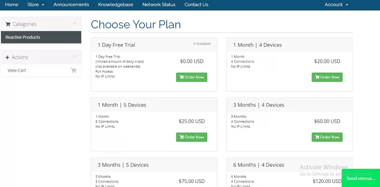 Click on Order Now button next to the Reactive IPTV plan