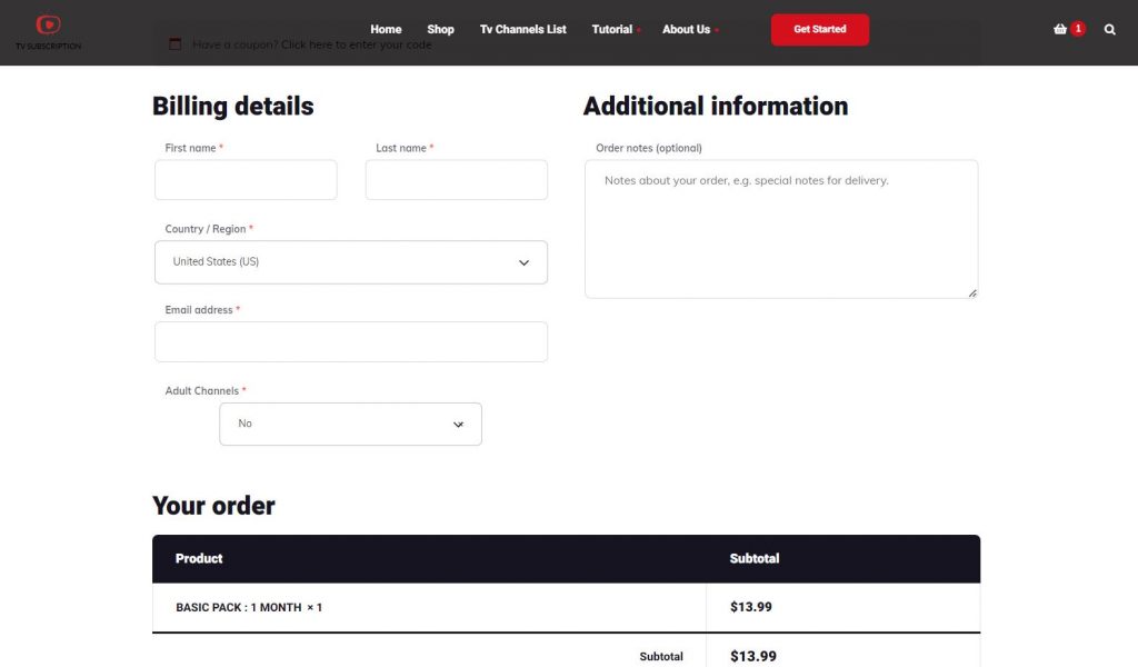 Fill in the fields in the TV Subscription IPTV billing page