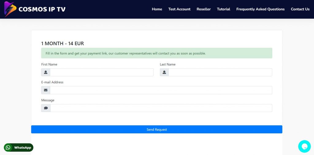 Click on Send Request to get the Cosmos IPTV subscription