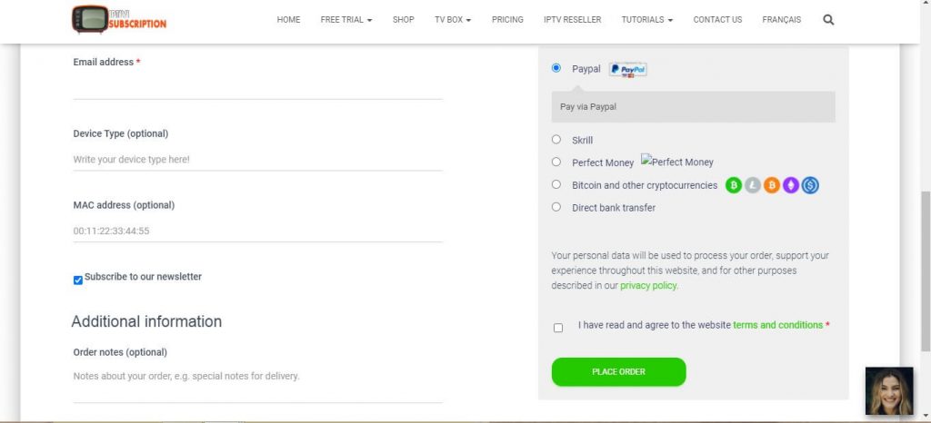 Click on Place Order to get the Pub IPTV subscription