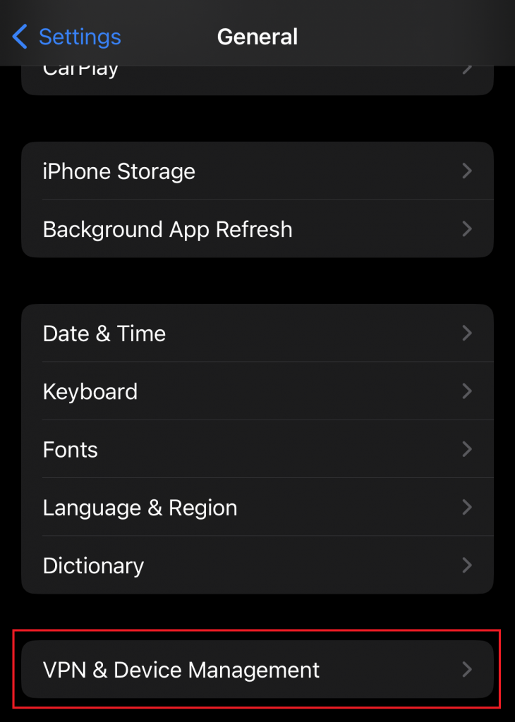 VPN & Device Management option