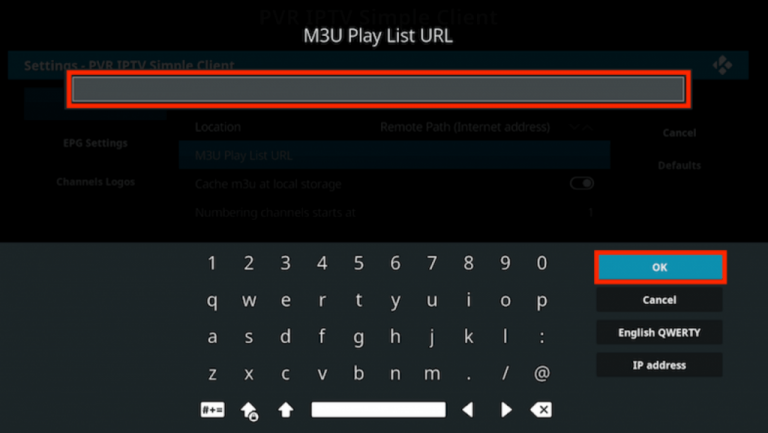 enter the M3U URL on the kodi