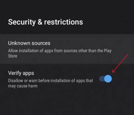 Unknown sources and Verify apps option.