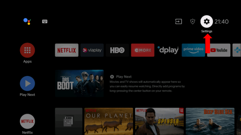 Settings option on Smart Tv.
