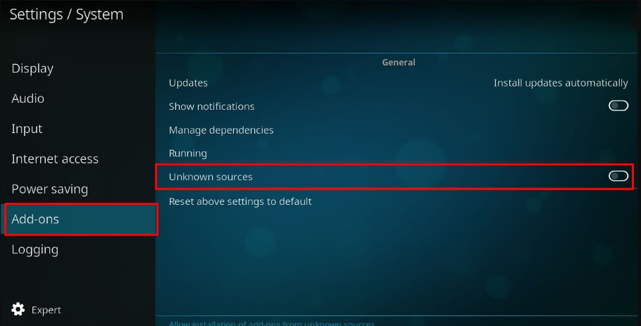 Add-ons > Unknown sources