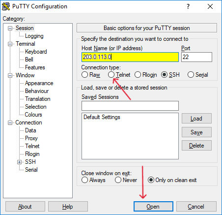 PuTTY Configuration page on Enigma2 device