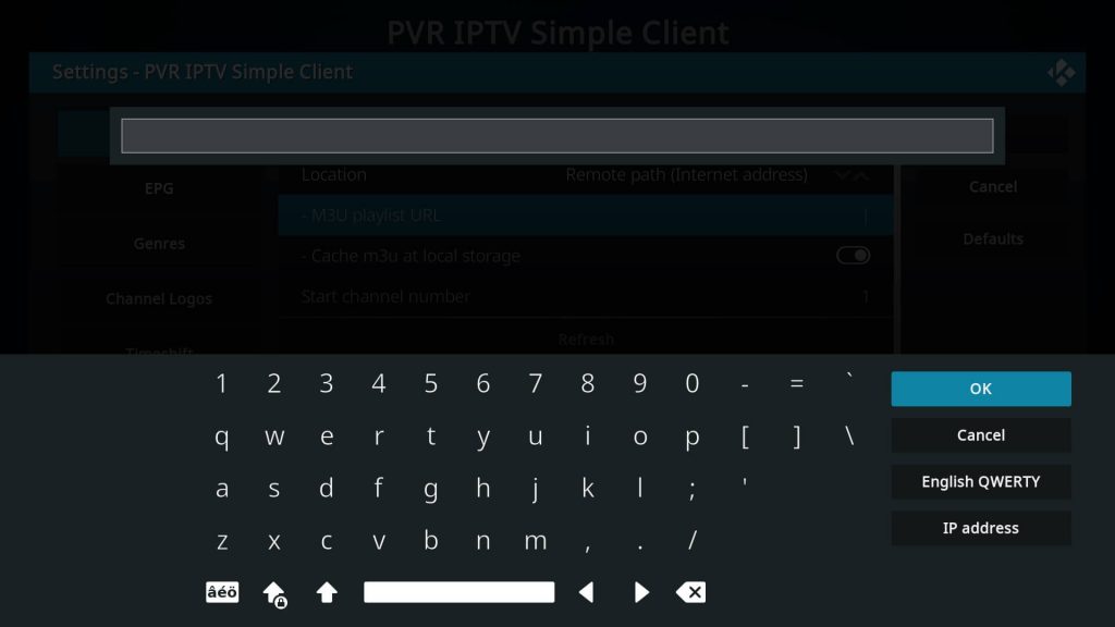 Enter the M3U link on Kodi