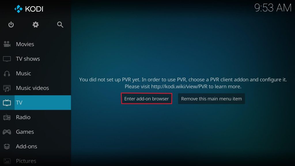 Kodi home app and TV menu