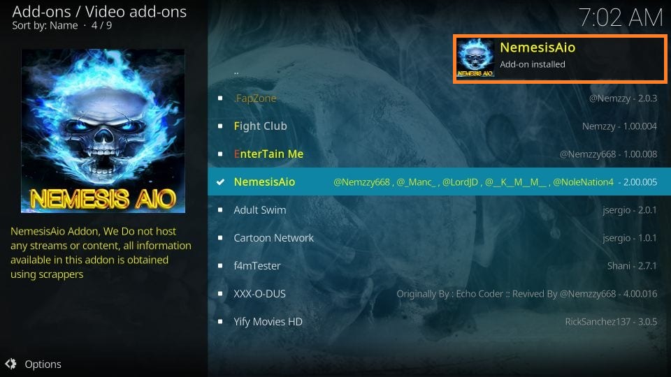 Nemesis AIO addon installed message 