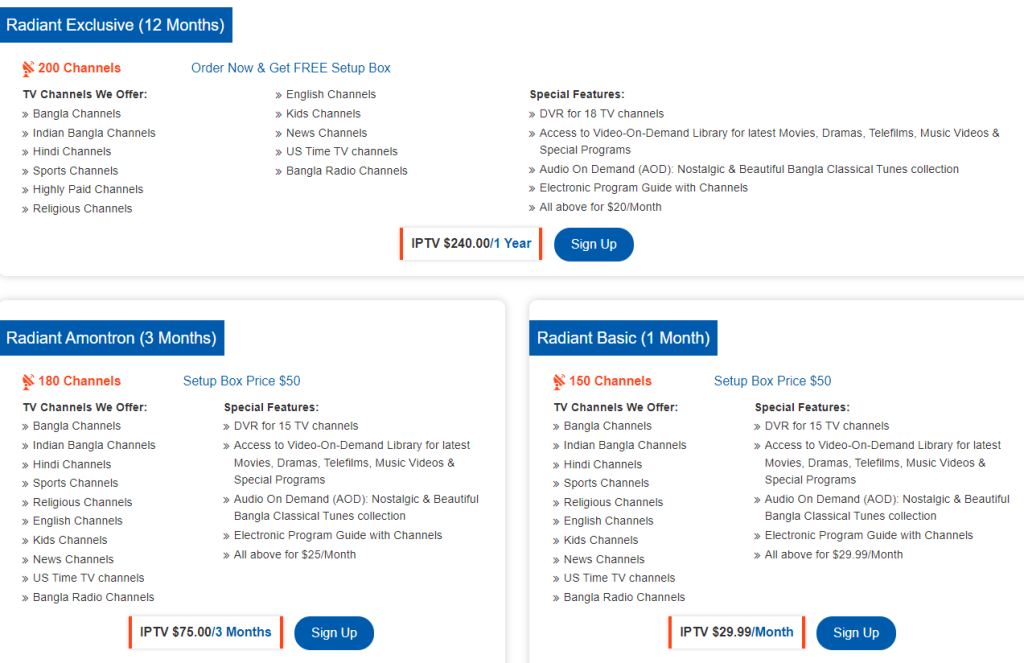 subscription plans - Radiant IPTV 