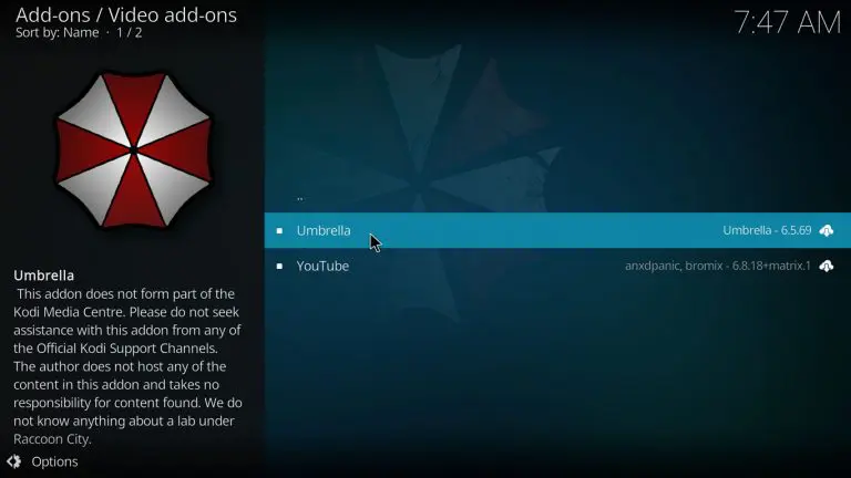 Pick the Umbrella Kodi addon option