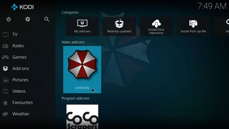 select the Umbrella Kodi addon