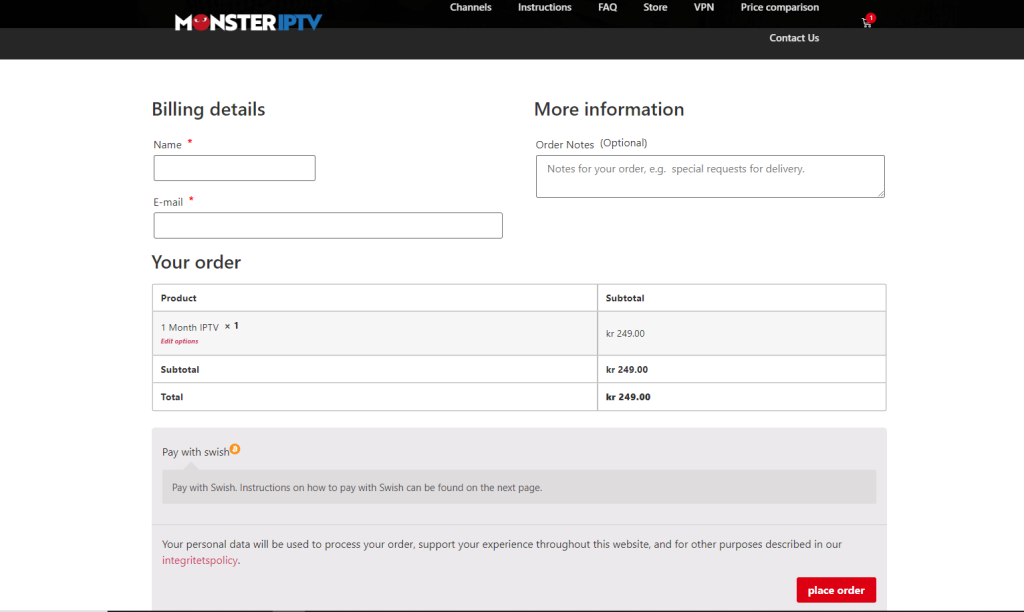 Monster IPTV - Place Order