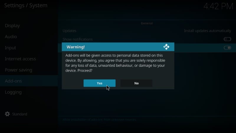 Accept the Warning message on Kodi