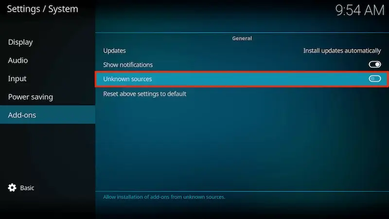 Turn on unknown sources on Kodi