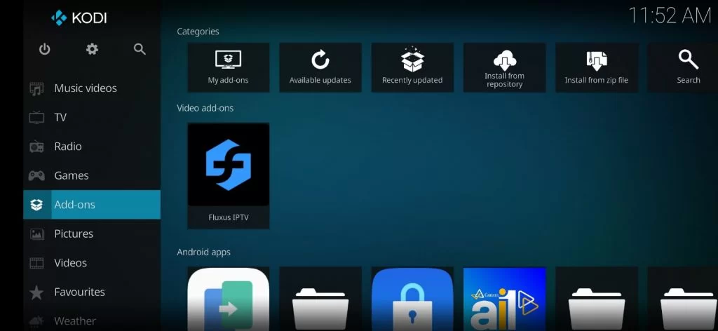 Add-ons menu on Kodi