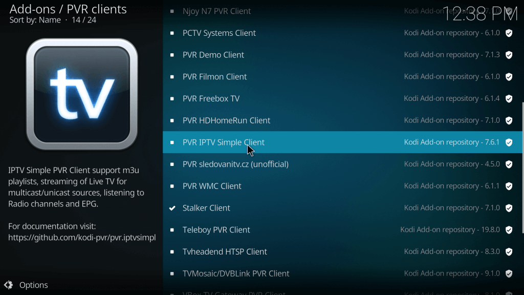 select the PVR IPTV Simple Client option.