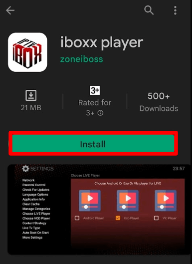 Click Install to watch IPTV on Android using iboxx IPTV player