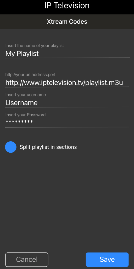 Enter IPTV credentials within IP IPTV app