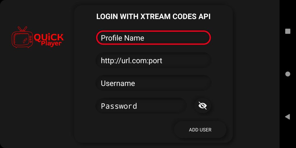  Profile name- Quick Player IPTV 