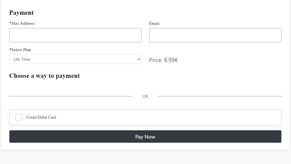Enter email, MAC address and payment details